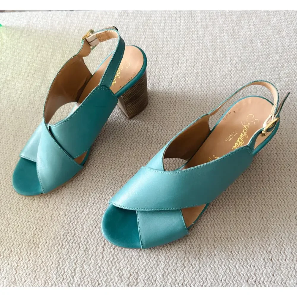 Seychelles Blue Criss Cross Strap Stack Heel Sandal